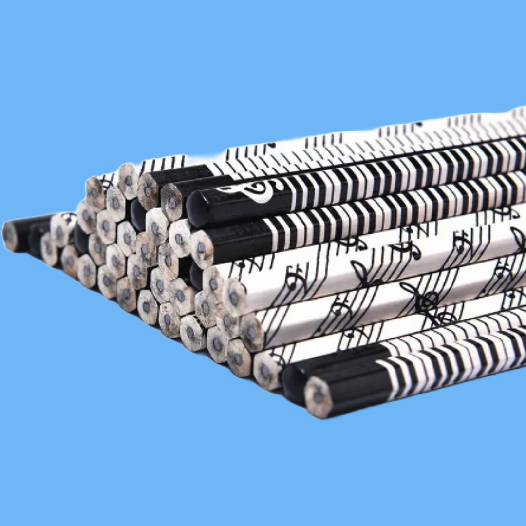 Black & White Musical Pencils - 6 Pack with Piano Eraser (White)