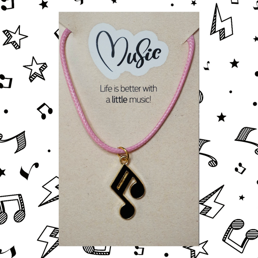 Life is Better With A Little Music Necklace - Double Quaver Note (Pink Cord)