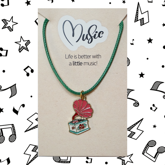 Life Is Better With A Little Music Necklace - Vintage Gramophone (Green Cord)