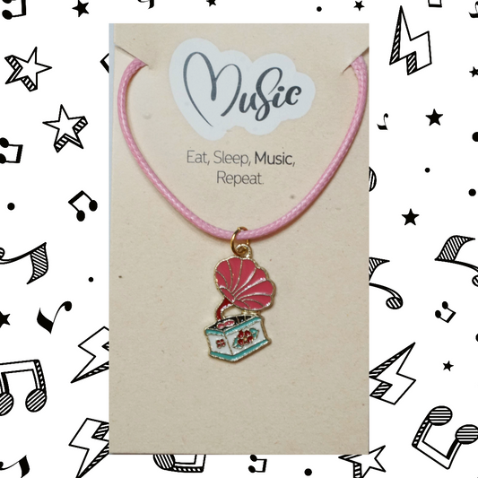 Eat. Sleep. Music. Repeat Necklace - Vintage Gramophone (Pink Cord)