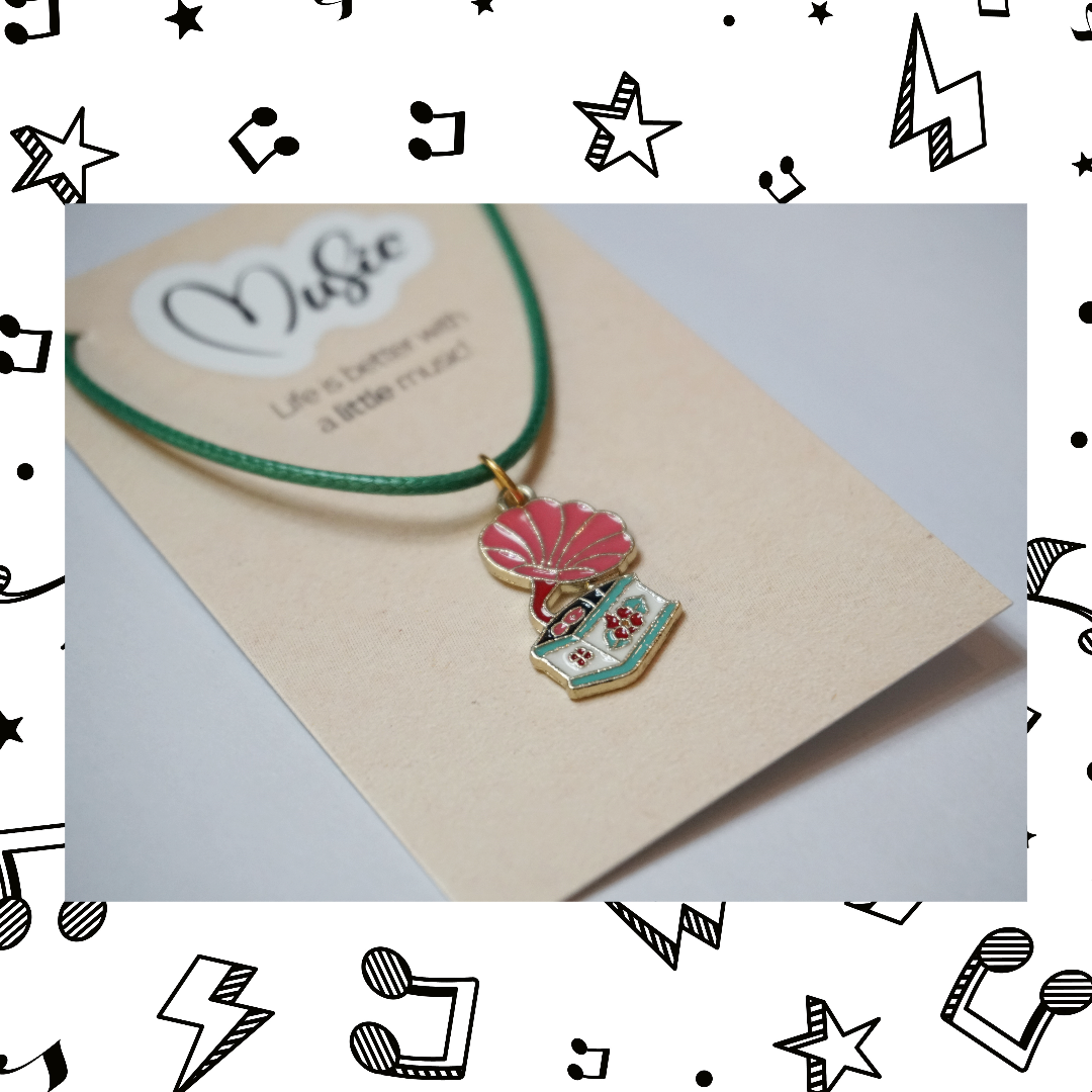 Life Is Better With A Little Music Necklace - Vintage Gramophone (Green Cord)