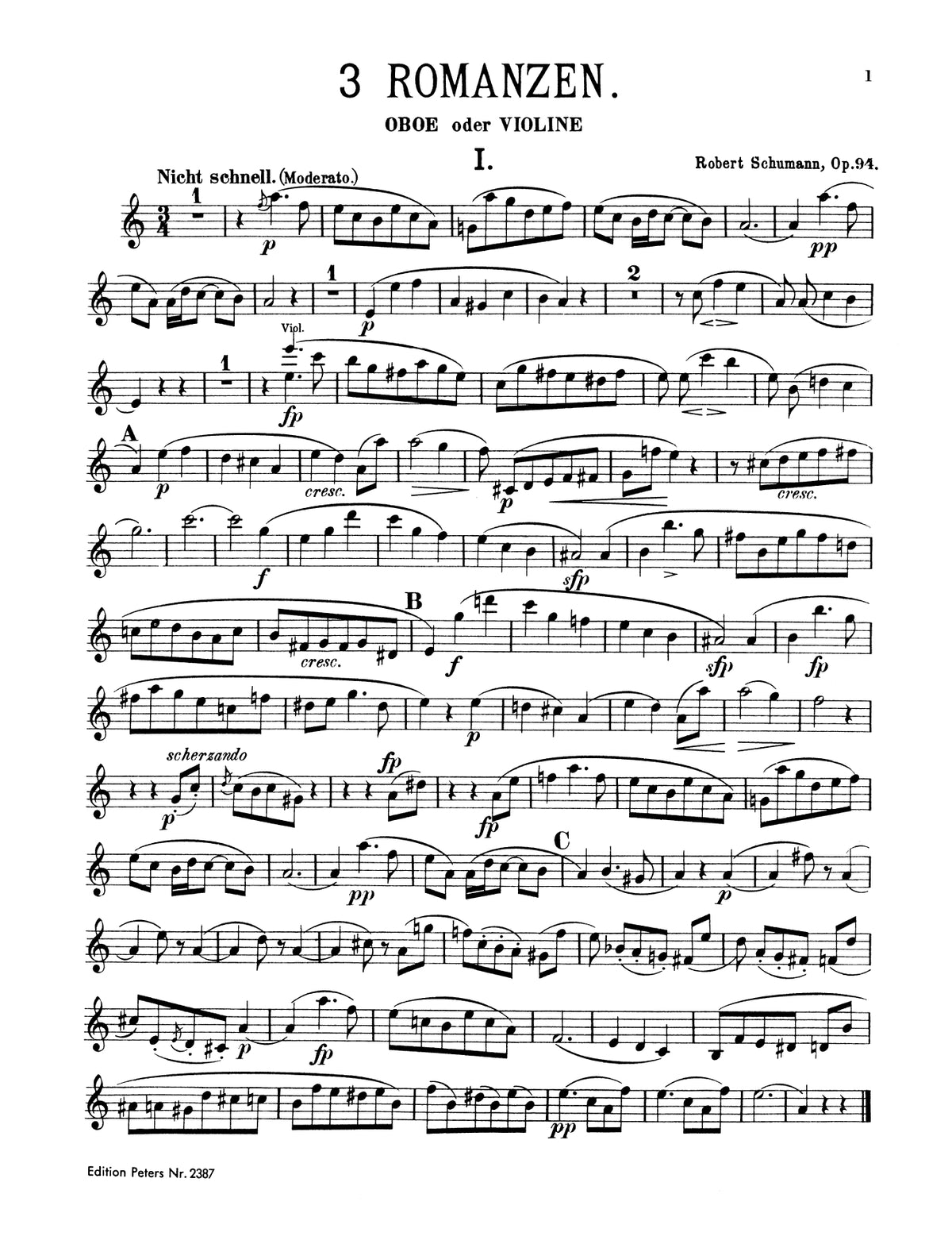 舒曼 - 三首浪漫曲 作品94(双簧管或小提琴曲集)