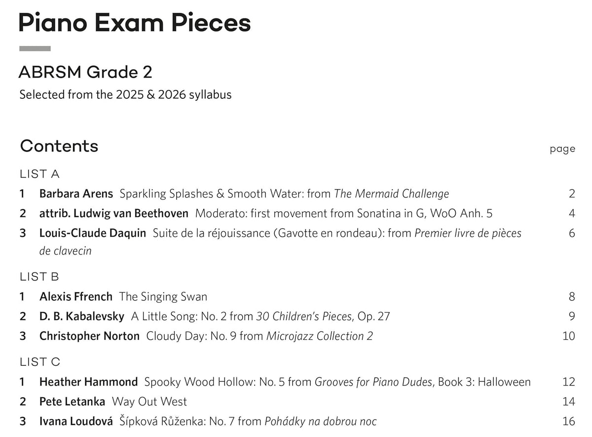 ABRSM Piano Exam Pieces - Grade 2 (2025-2026)