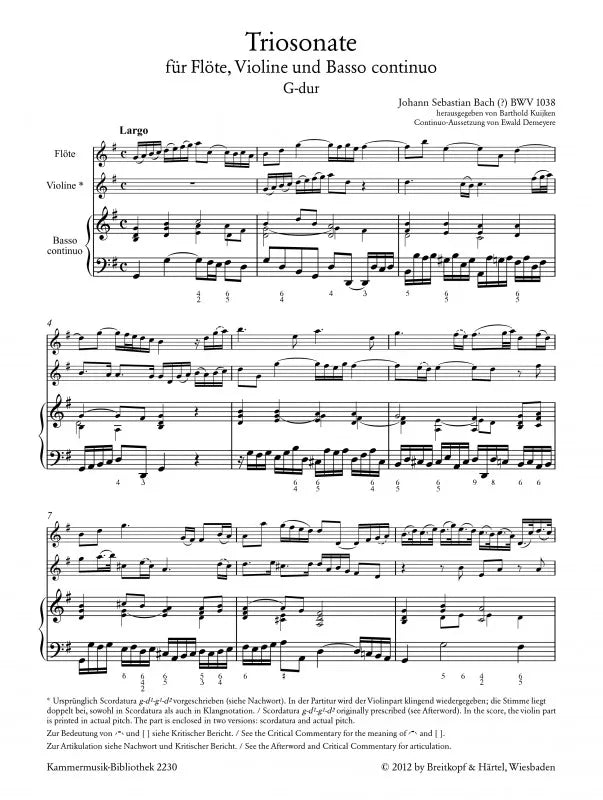 J.S. 巴赫 - 长笛、小提琴及通奏低音三重奏鸣曲,BWV 1038(原始版本乐谱)