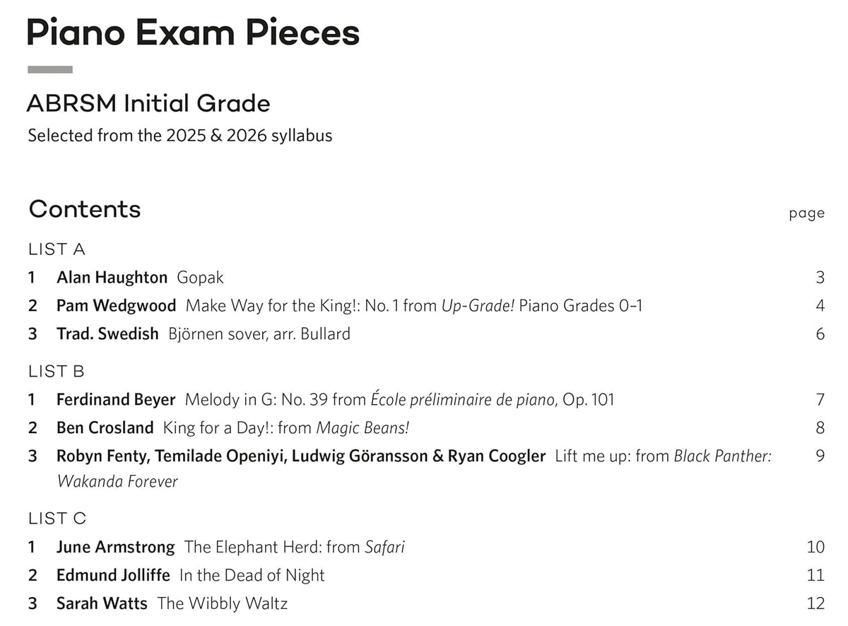 ABRSM Piano Exam Pieces - Initial Grade Book (2025-2026)
