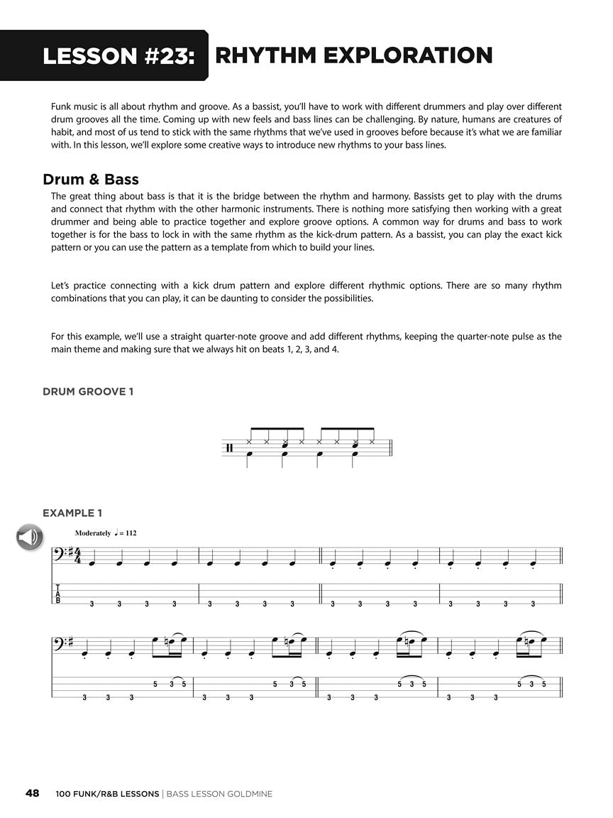 Goldmine Series - 100 Funk and R&B Lessons Bass Guitar Book/Ola
