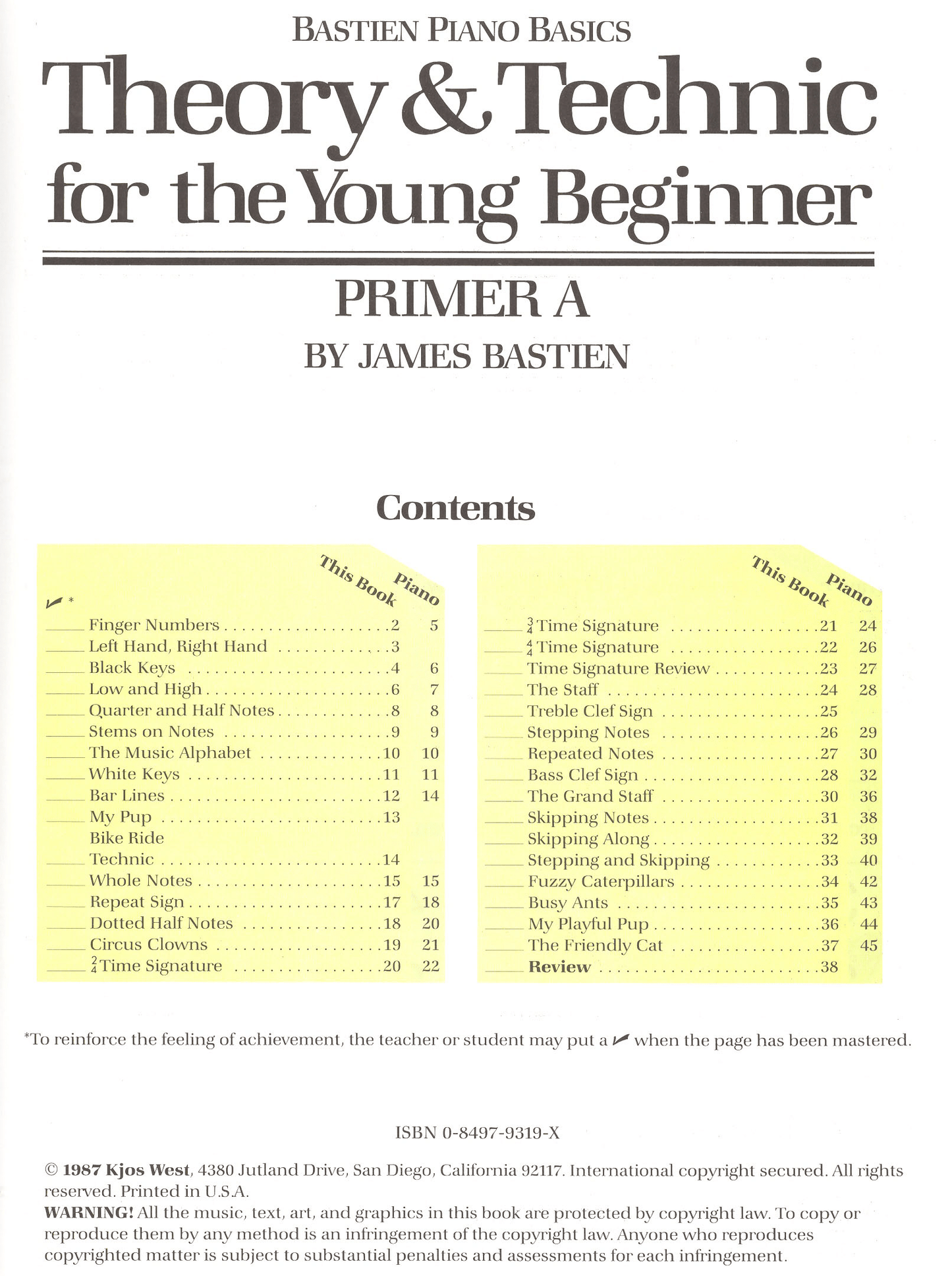 Bastien: Theory And Technic For The Young Beginner Primer A Book