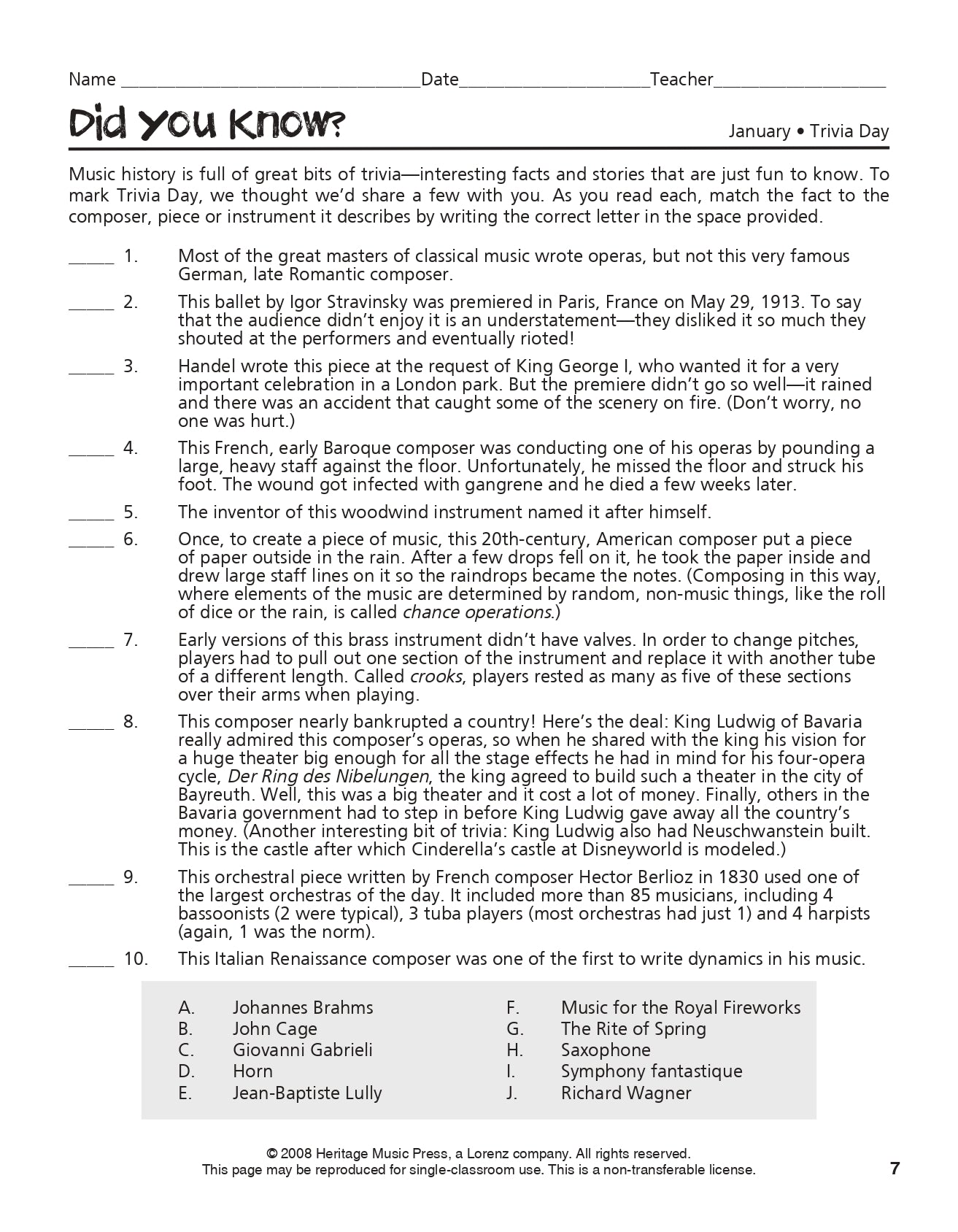 Music Game Of The Week - 52 Classroom Puzzles, Worksheets and Activities