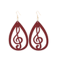 Wooden Treble Clef Dangle Earrings (Deep Red)