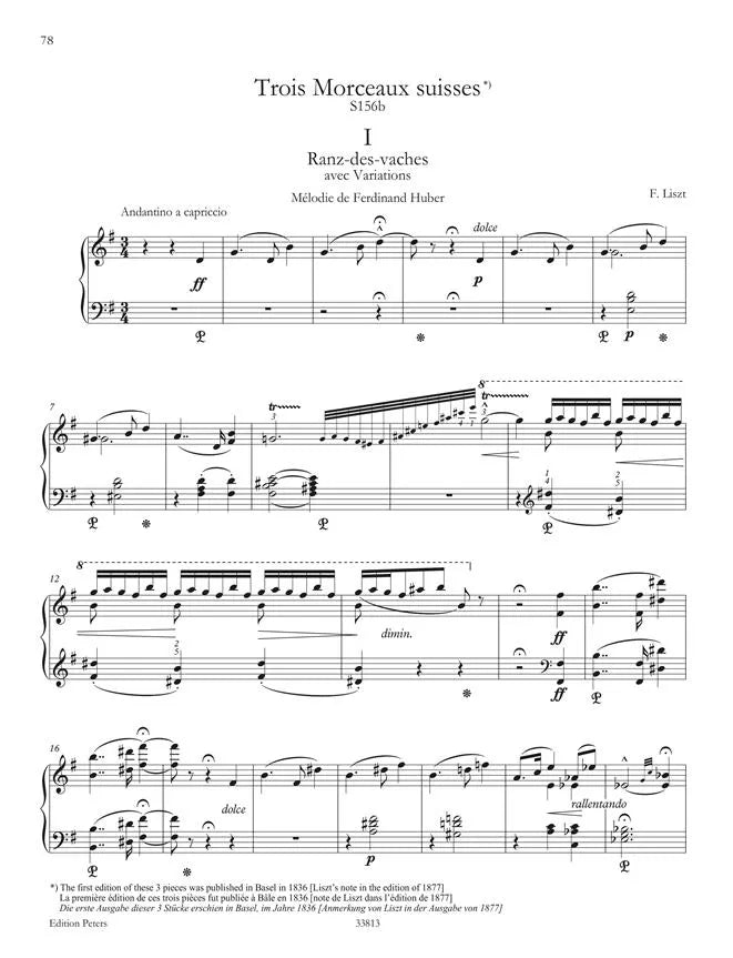 Liszt: Annees De Pelerinage Suisse/Trois Morceaux Suisses Piano Solo Book