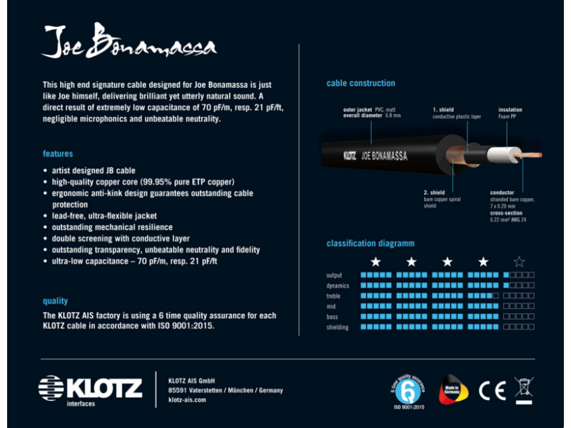 Klotz JBNRSP Joe Bonamassa High End Guitar Cable with Silent Plug - 6m