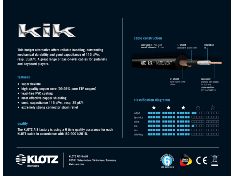 Klotz KIK BL Kik Pro Instrument Cable Blue - 6m