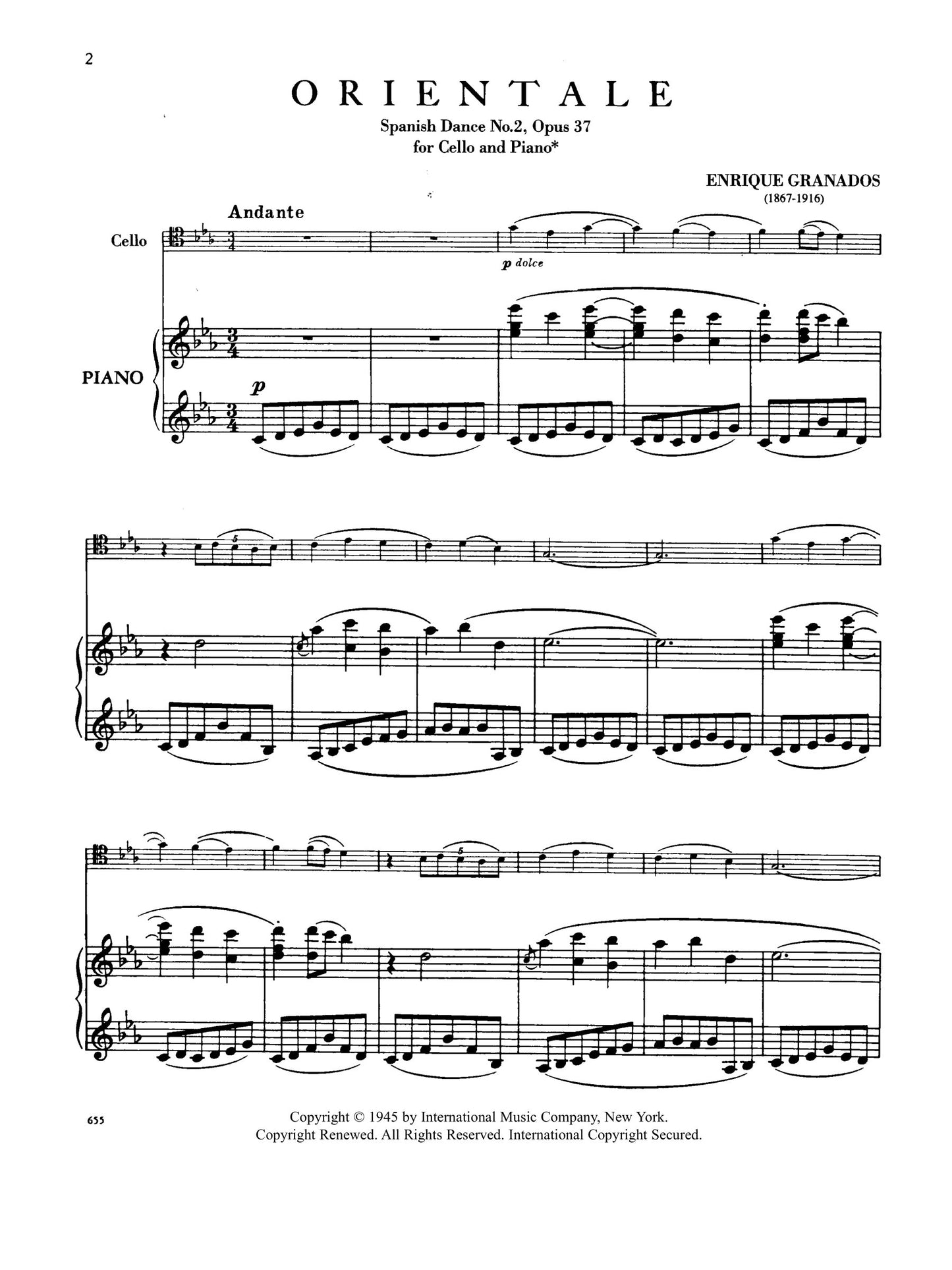 Granados - Orientale (Spanish Dance, No. 2 Op. 37) For Cello With Piano Accompaniment