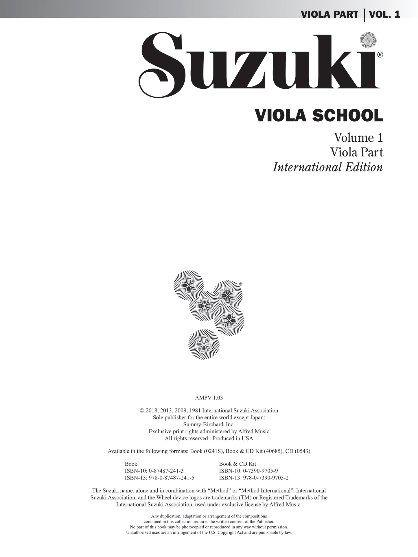 Suzuki Viola School: Viola Part Volume 1 Book (International Edition)