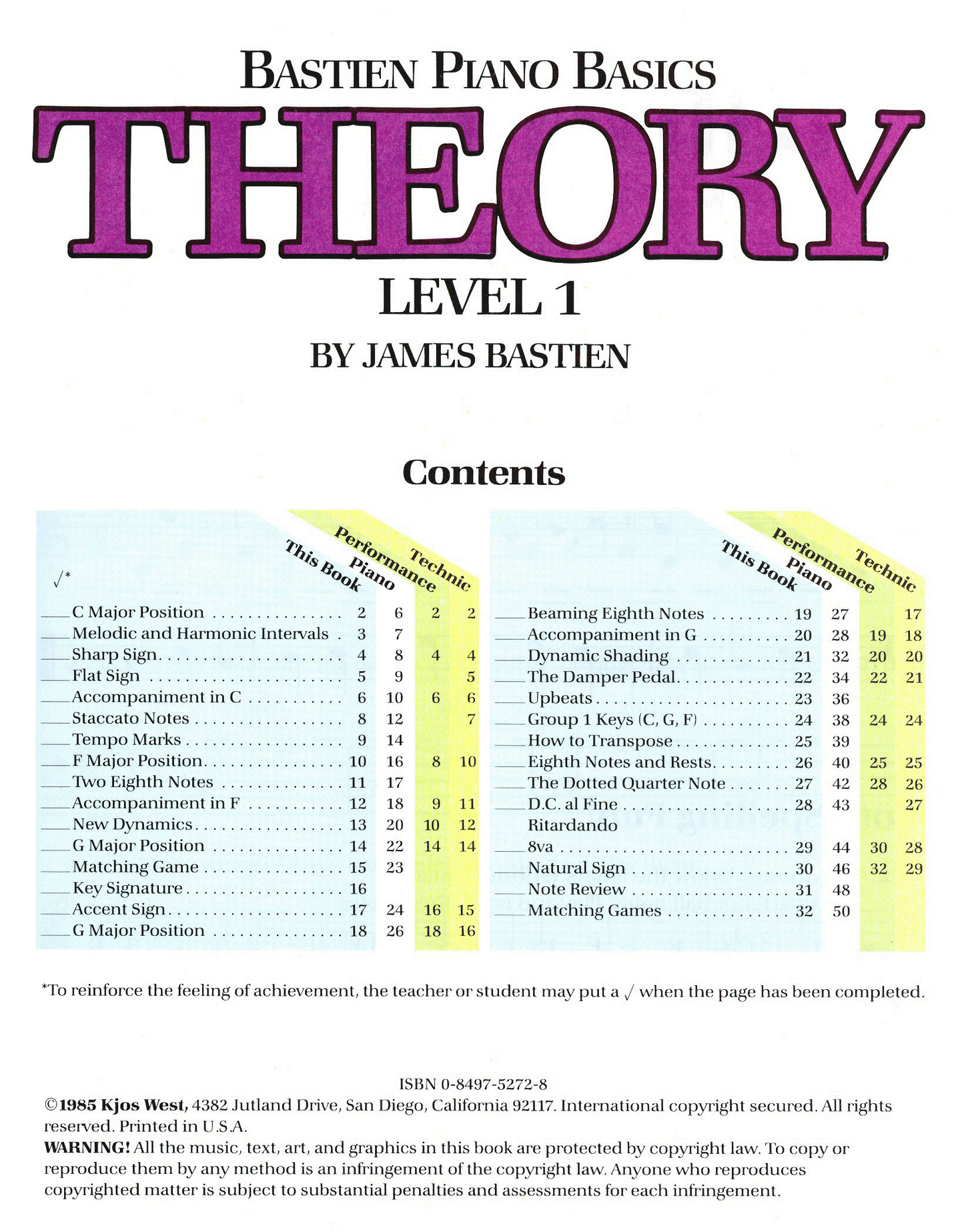Bastien Piano Basics - Theory Level 1 Book