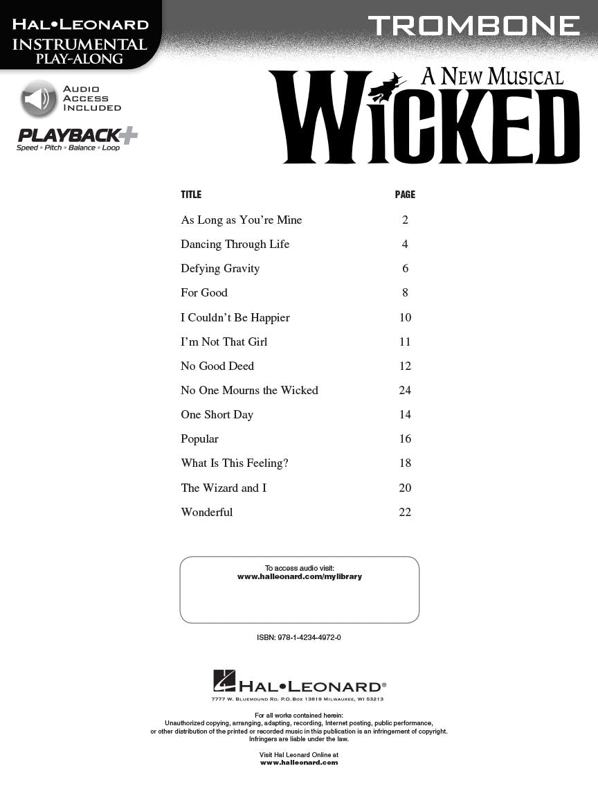 Wicked A New Musical - Trombone Play Along Book/Ola