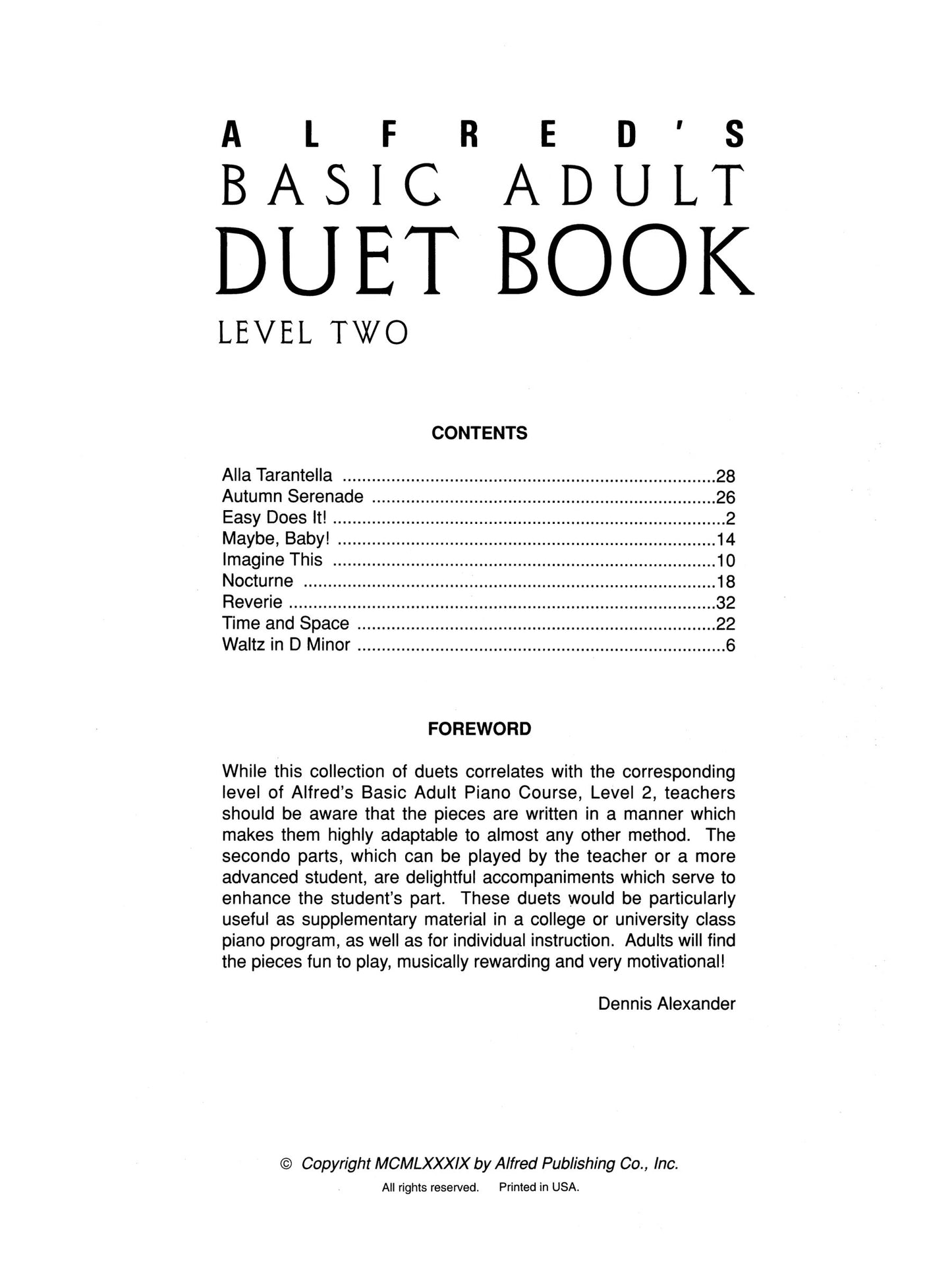 Alfred's Basic Adult Piano Course Duet Book 2