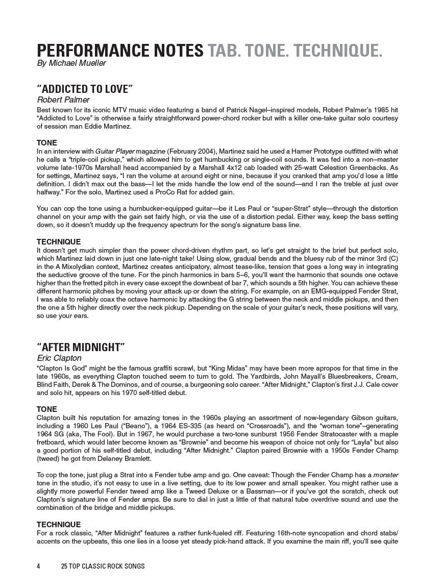25 Top Classic Rock Songs -  Guitar Tab, Tone & Technique Book