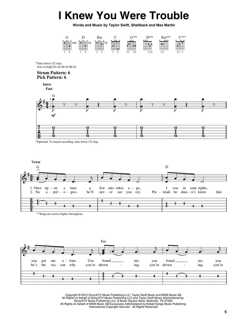Taylor Swift - Red Easy Guitar Notes & Tab Songbook