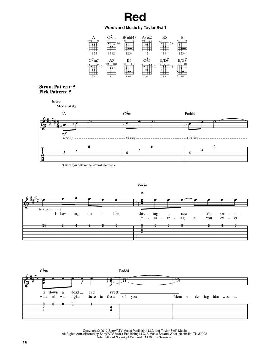 Taylor Swift - Red Easy Guitar Notes & Tab Songbook