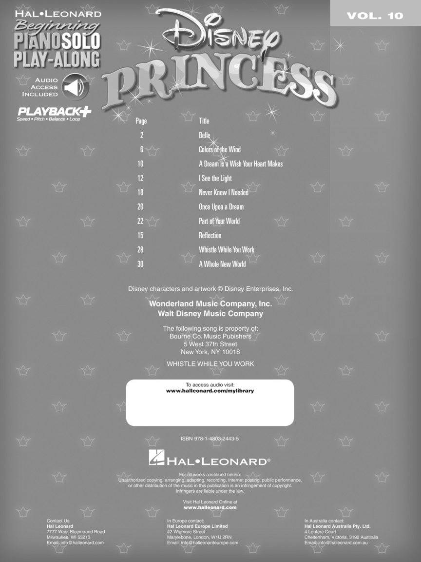 Disney Princess Beginning Piano Play Along Volume 10 Book/Ola