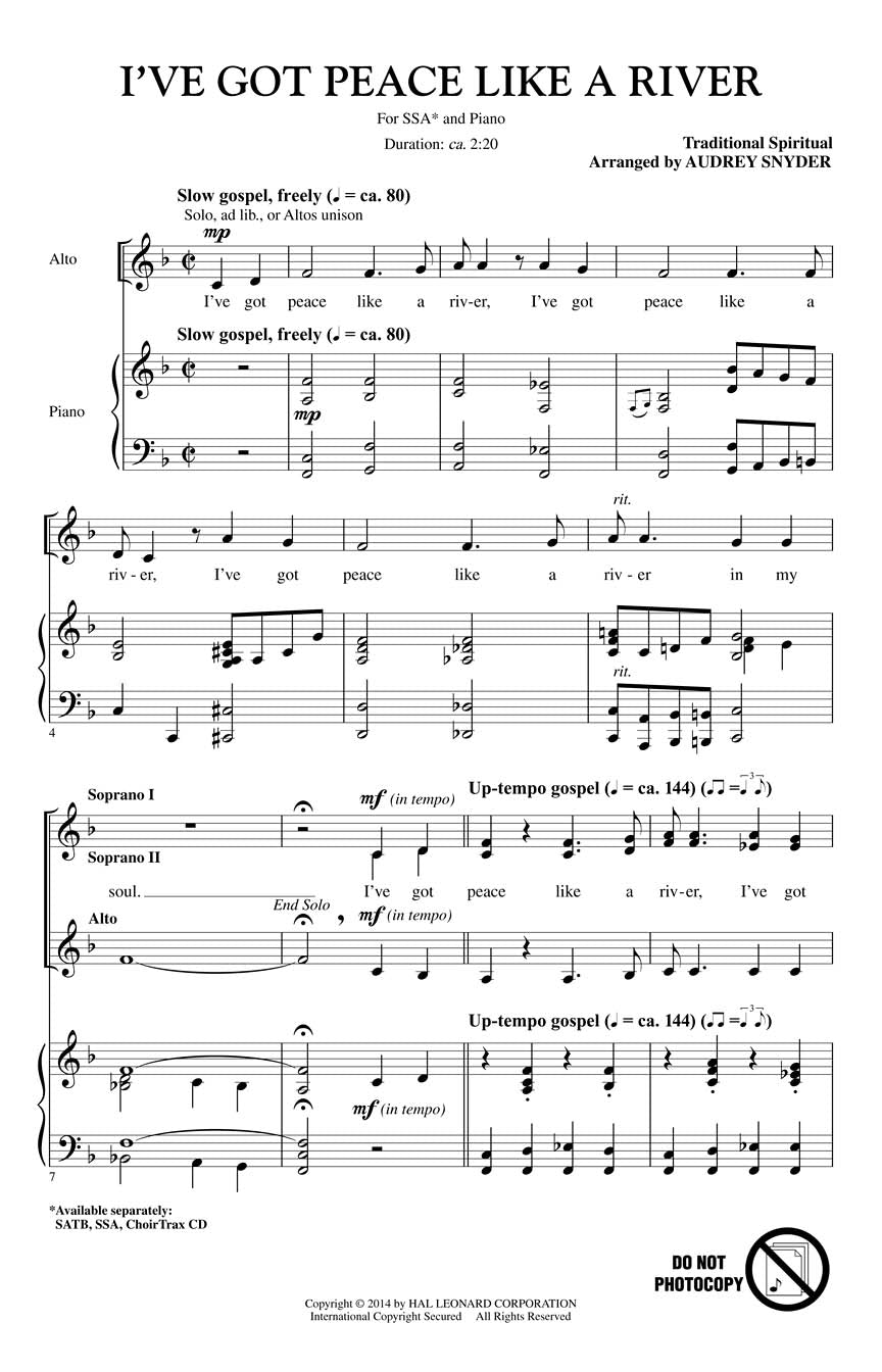 I've Got Peace Like A River SSA Voicing Choral Sheet Music