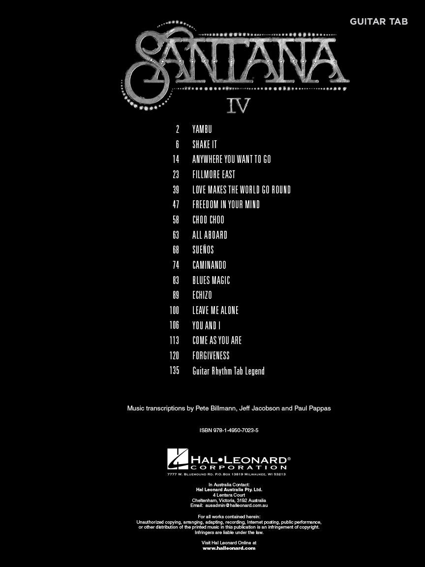 Santana - IV Guitar Tab Book