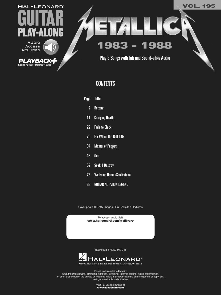 Metallica 1983-1988 Guitar Play Along Volume 195 Book/Ola