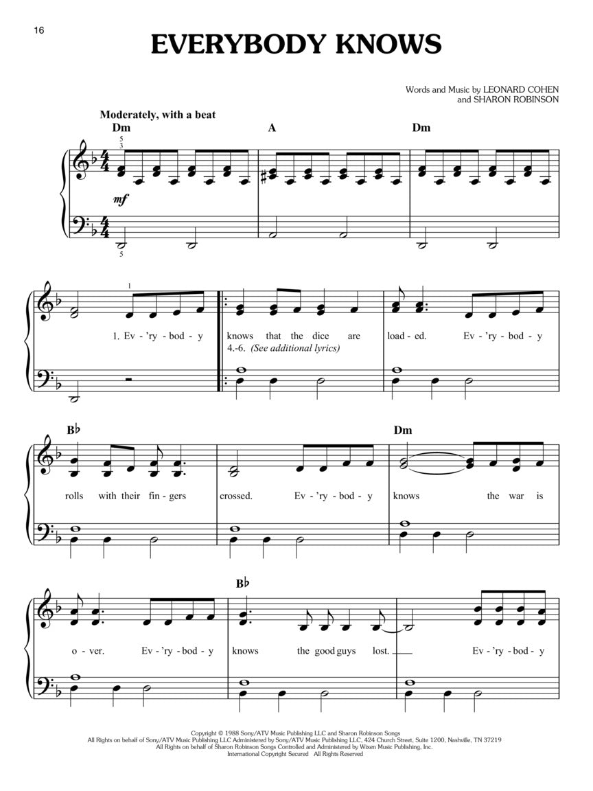 Leonard Cohen For Easy Piano Book
