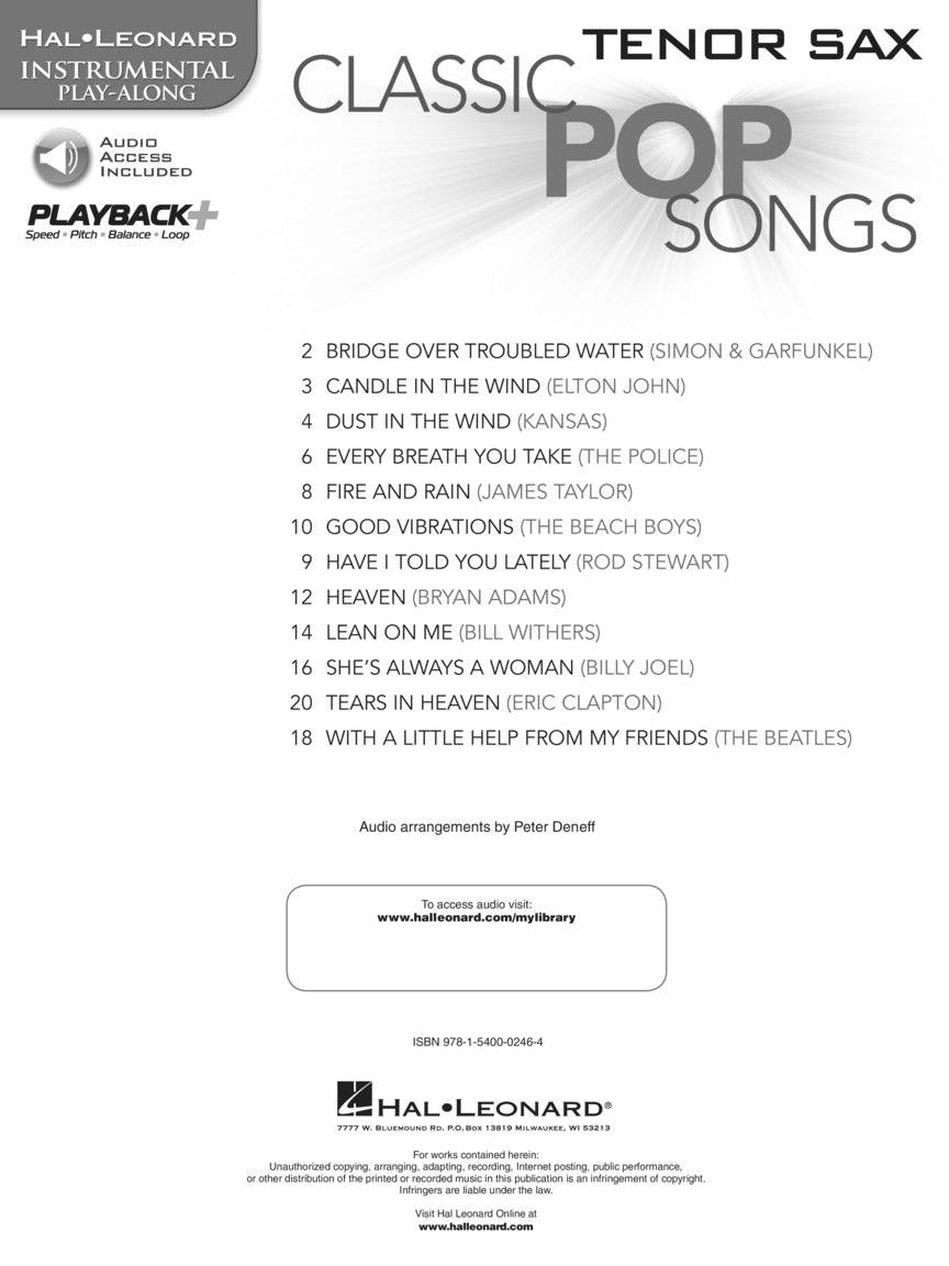 Classic Pop Songs For Tenor Saxophone Play Along Book/Ola