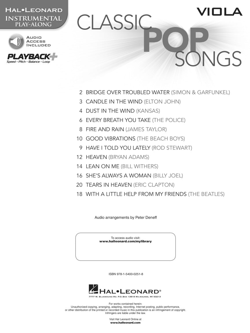 Classic Pop Songs For Viola Play Along Book/Ola