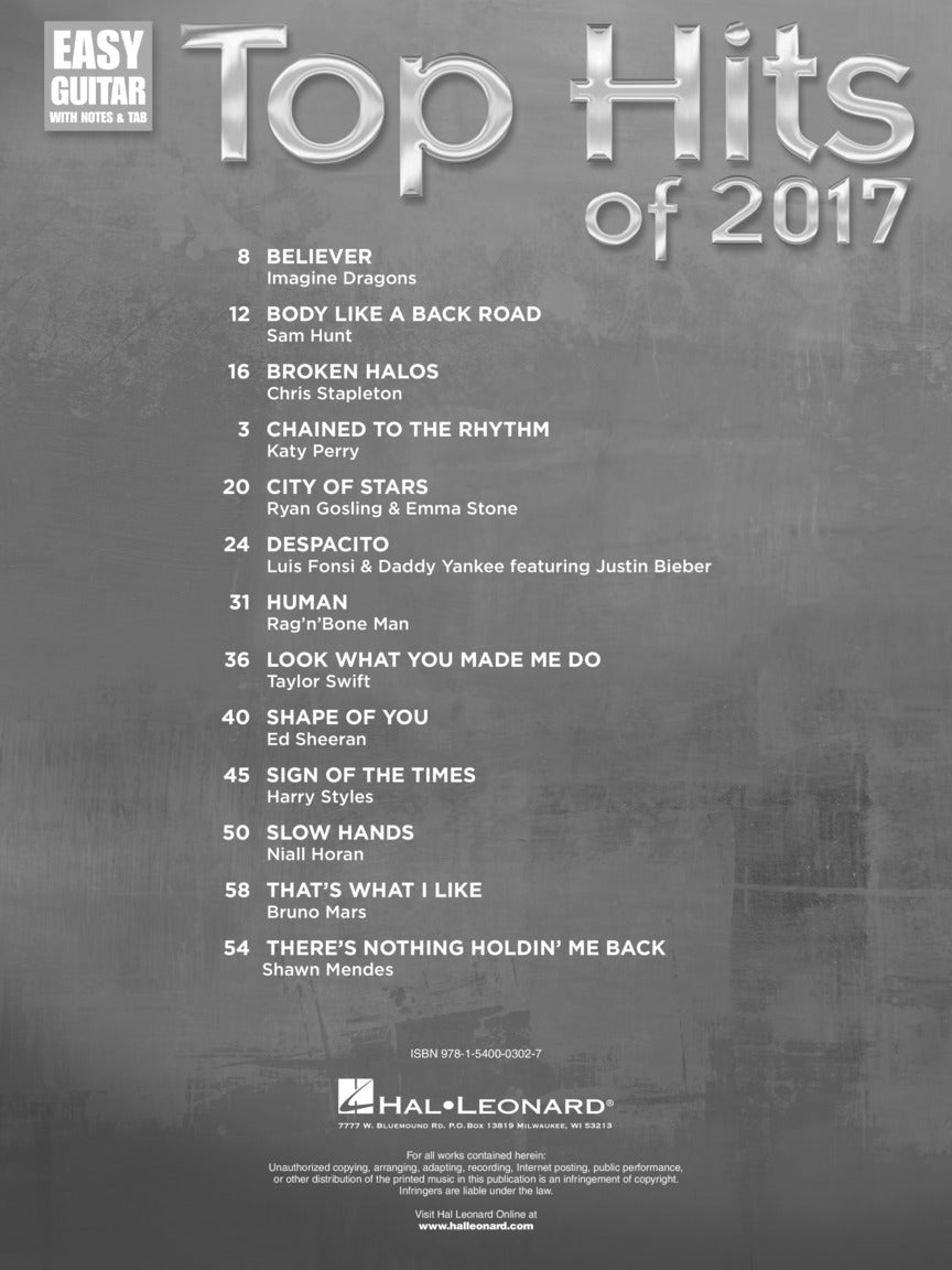 Top Hits Of 2017 - Easy Guitar Notes & Tab Book
