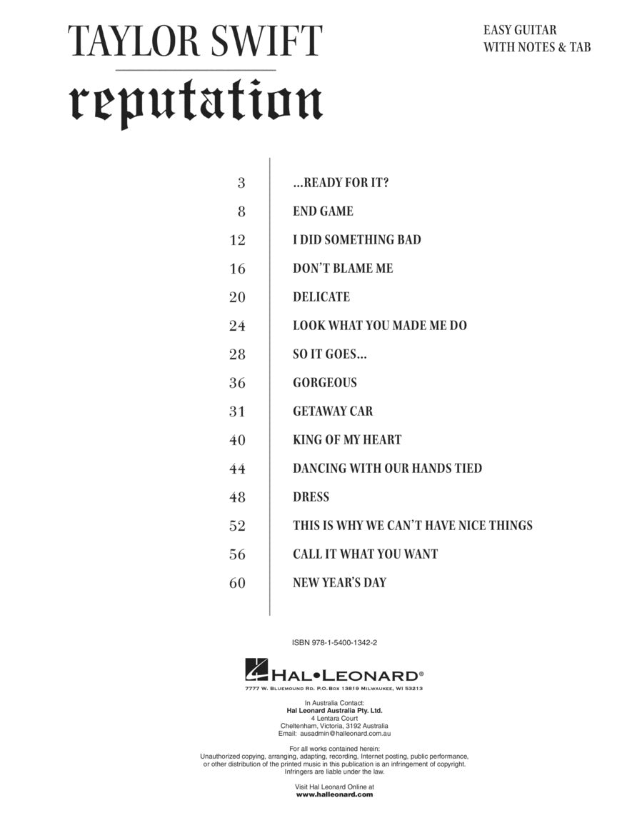 Taylor Swift - Reputation Easy Guitar Notes Tab Songbook