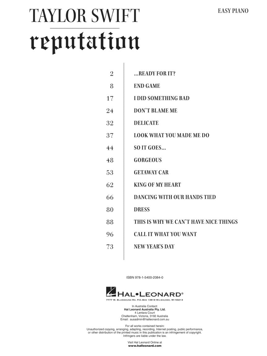 Taylor Swift - Reputation Easy Piano Songbook