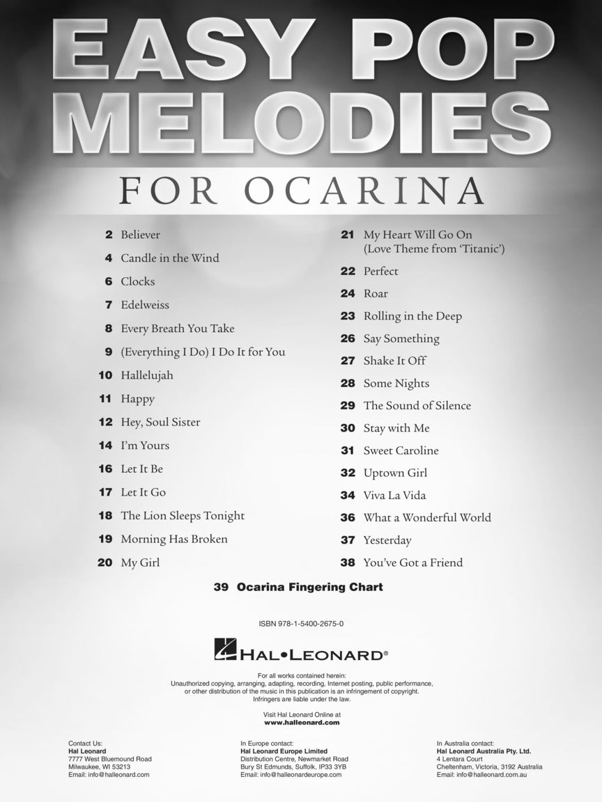 Easy Pop Melodies For Ocarina Songbook