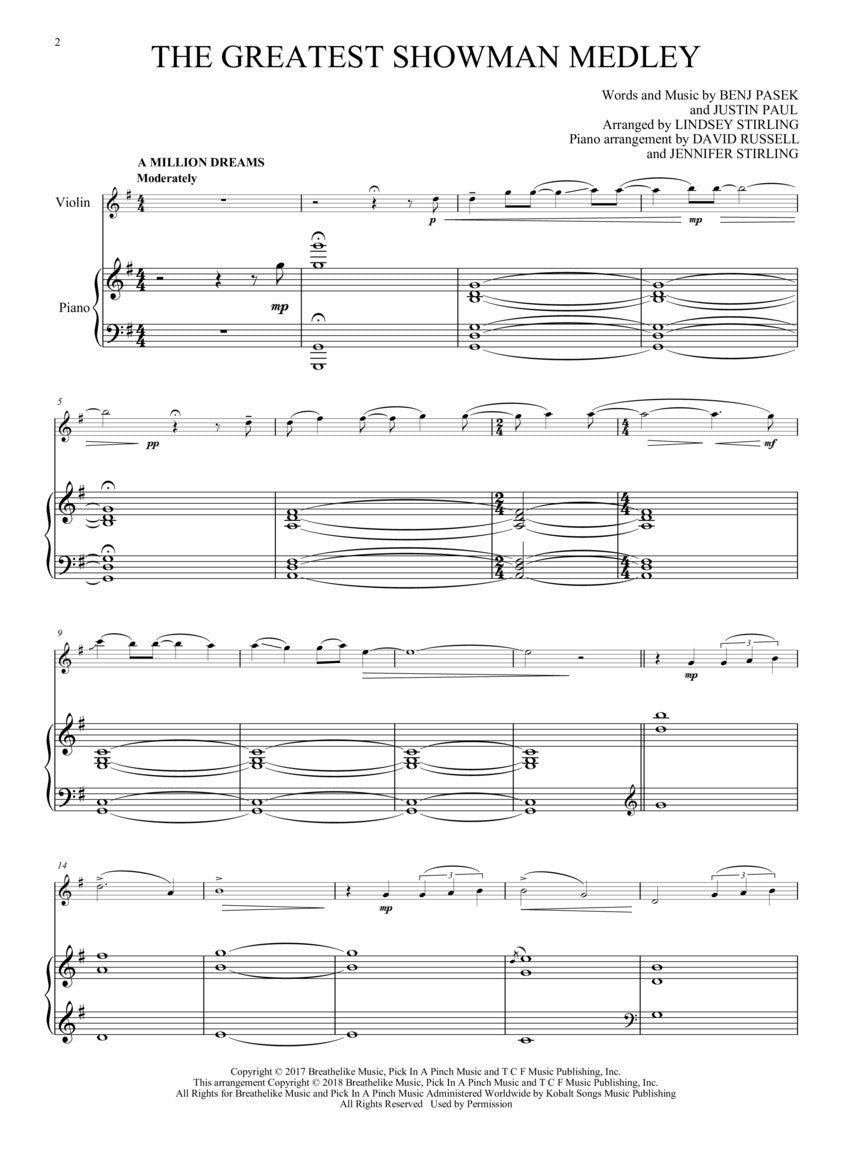 The Greatest Showman - Medley for Violin and Piano Songbook