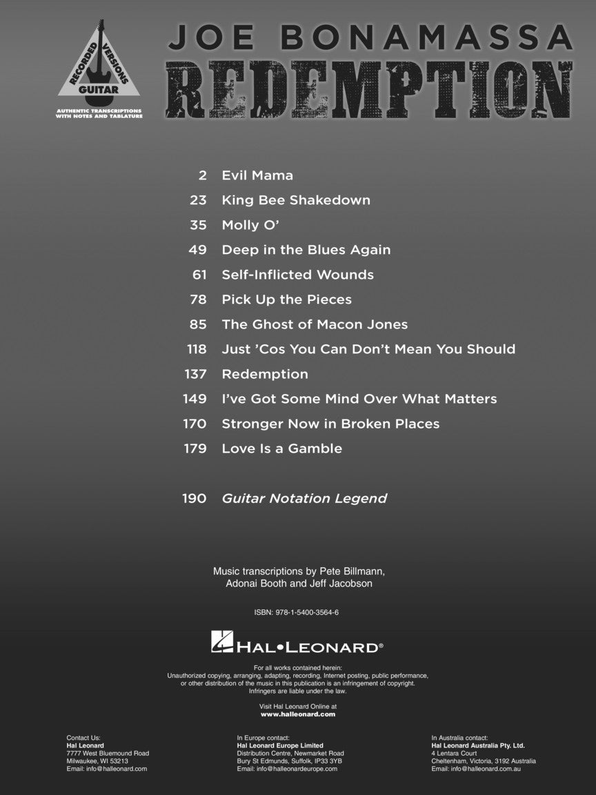 Joe Bonamassa - Redemption Guitar Tab Book