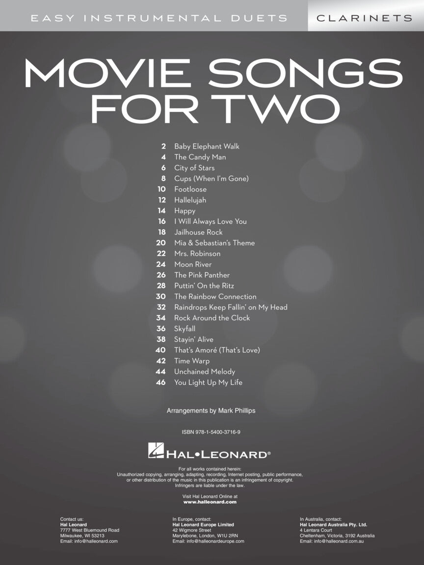 Movie Songs for Two Clarinets Book