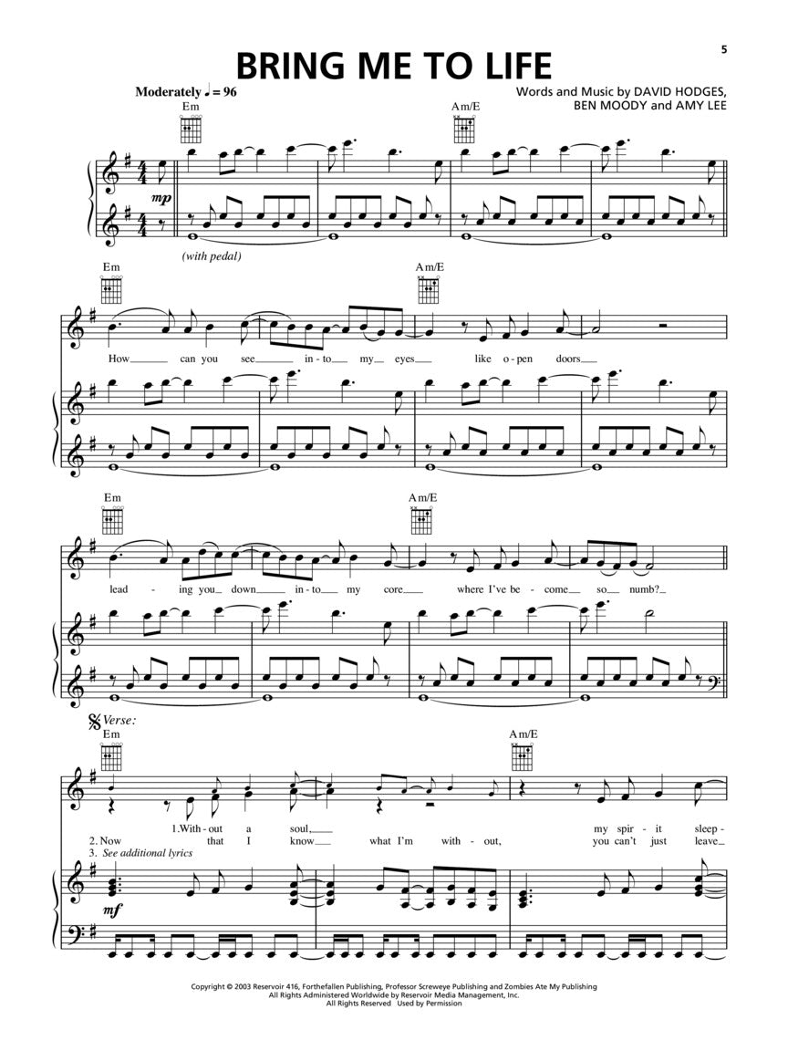 Evanescence - Fallen PVG Songbook