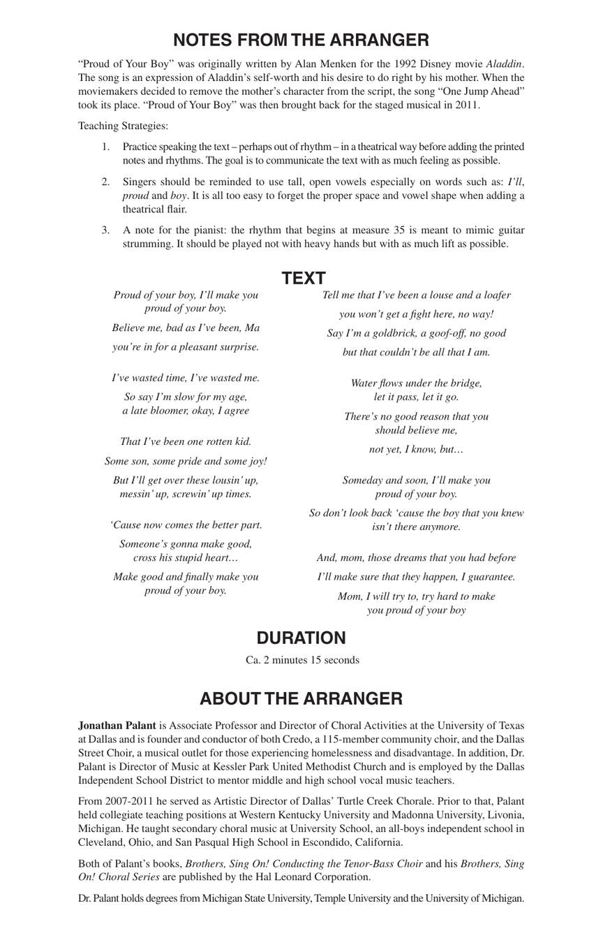 From Aladdin: Proud Of Your Boy - Tenor /Bass (TBB) Sheet Music