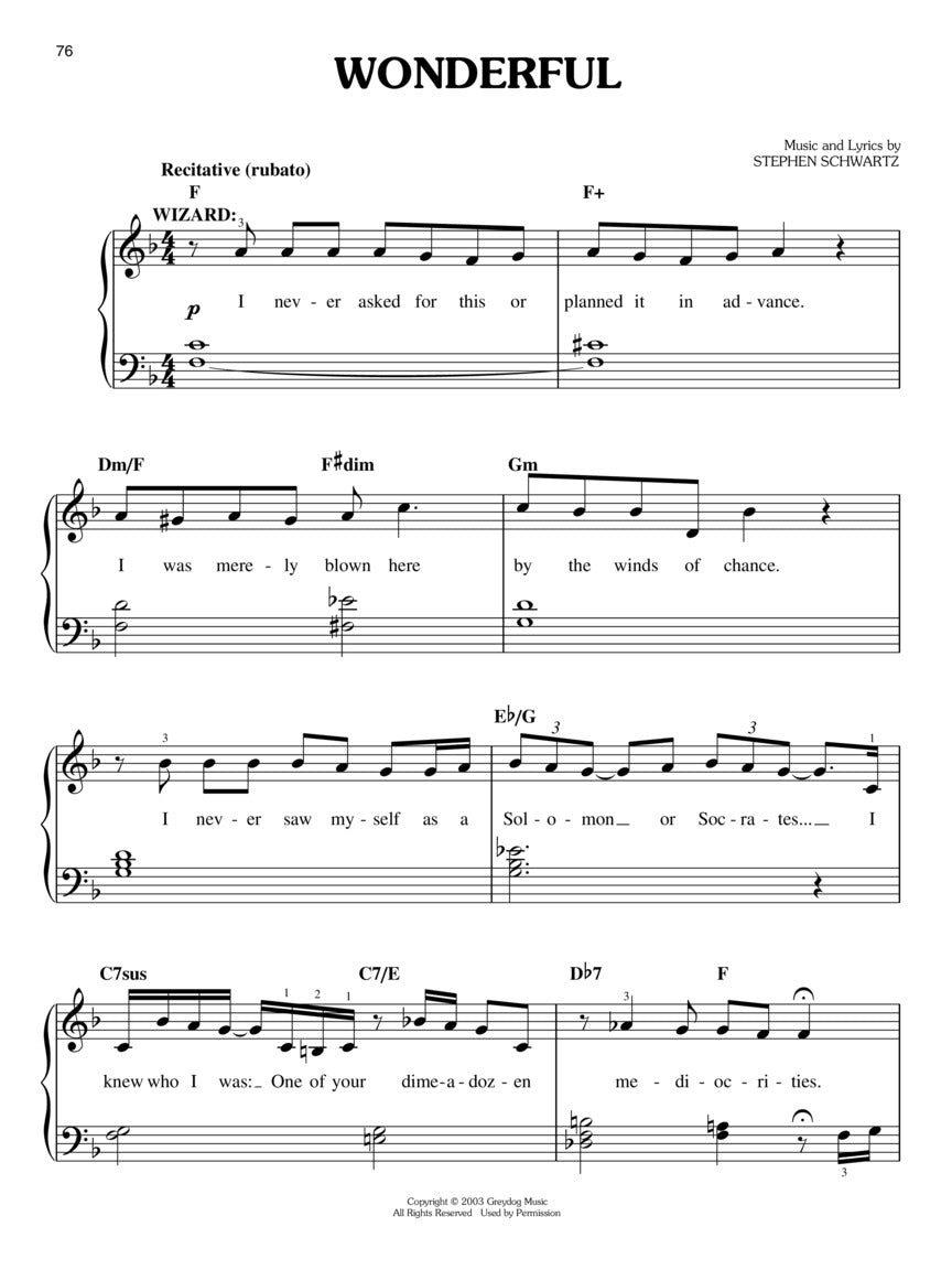 Wicked Vocal Selections Easy Piano Songbook