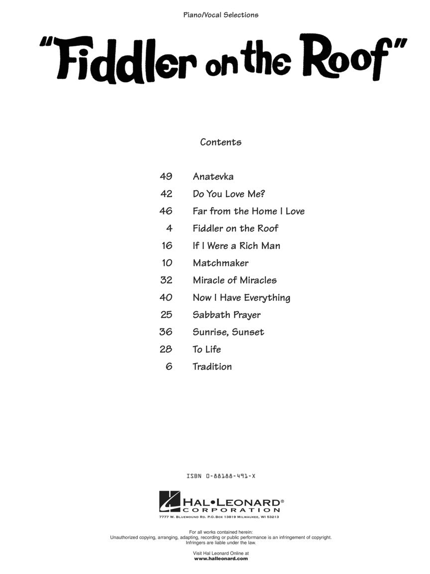 Fiddler On The Roof - Vocal Selections PVG Songbook
