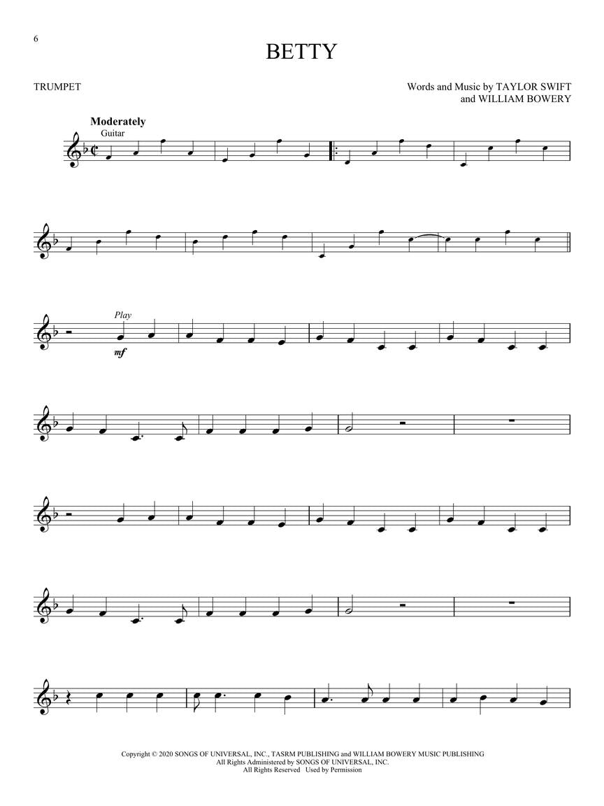 Taylor Swift - Folklore & Evermore Trumpet Play Along Book/Ola