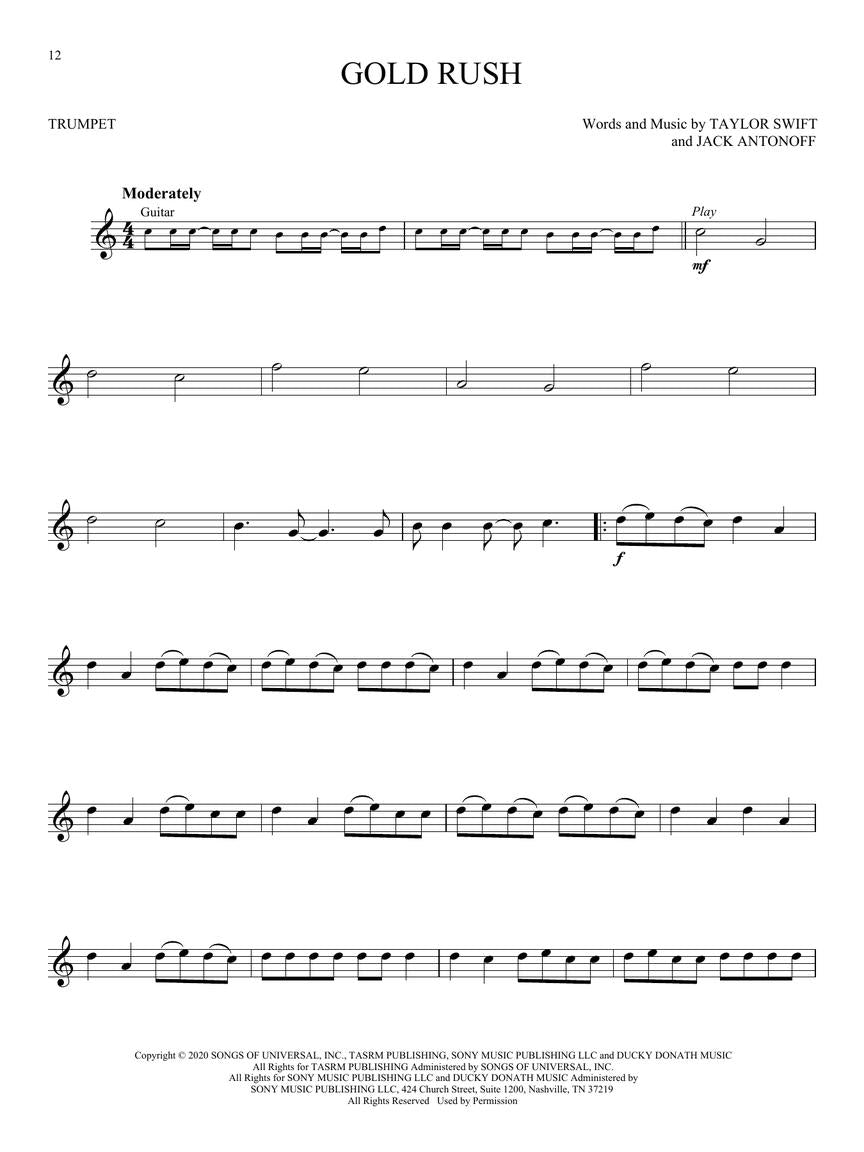 Taylor Swift - Folklore & Evermore Trumpet Play Along Book/Ola