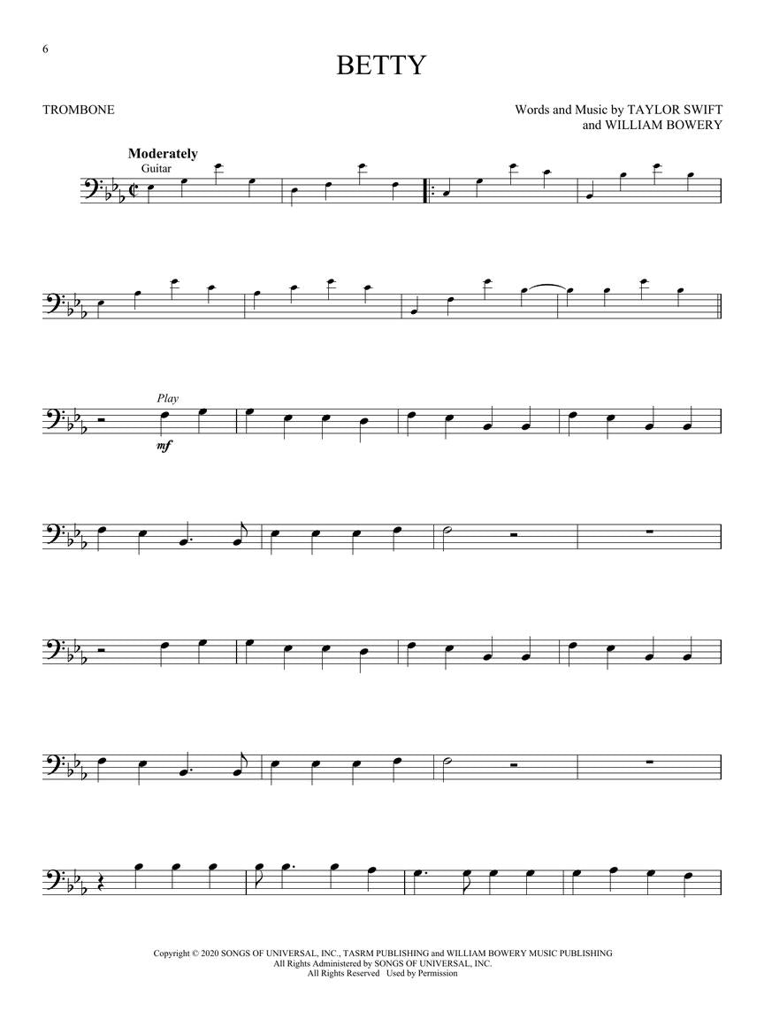 Taylor Swift - Folklore & Evermore Trombone Play Along Book/Ola