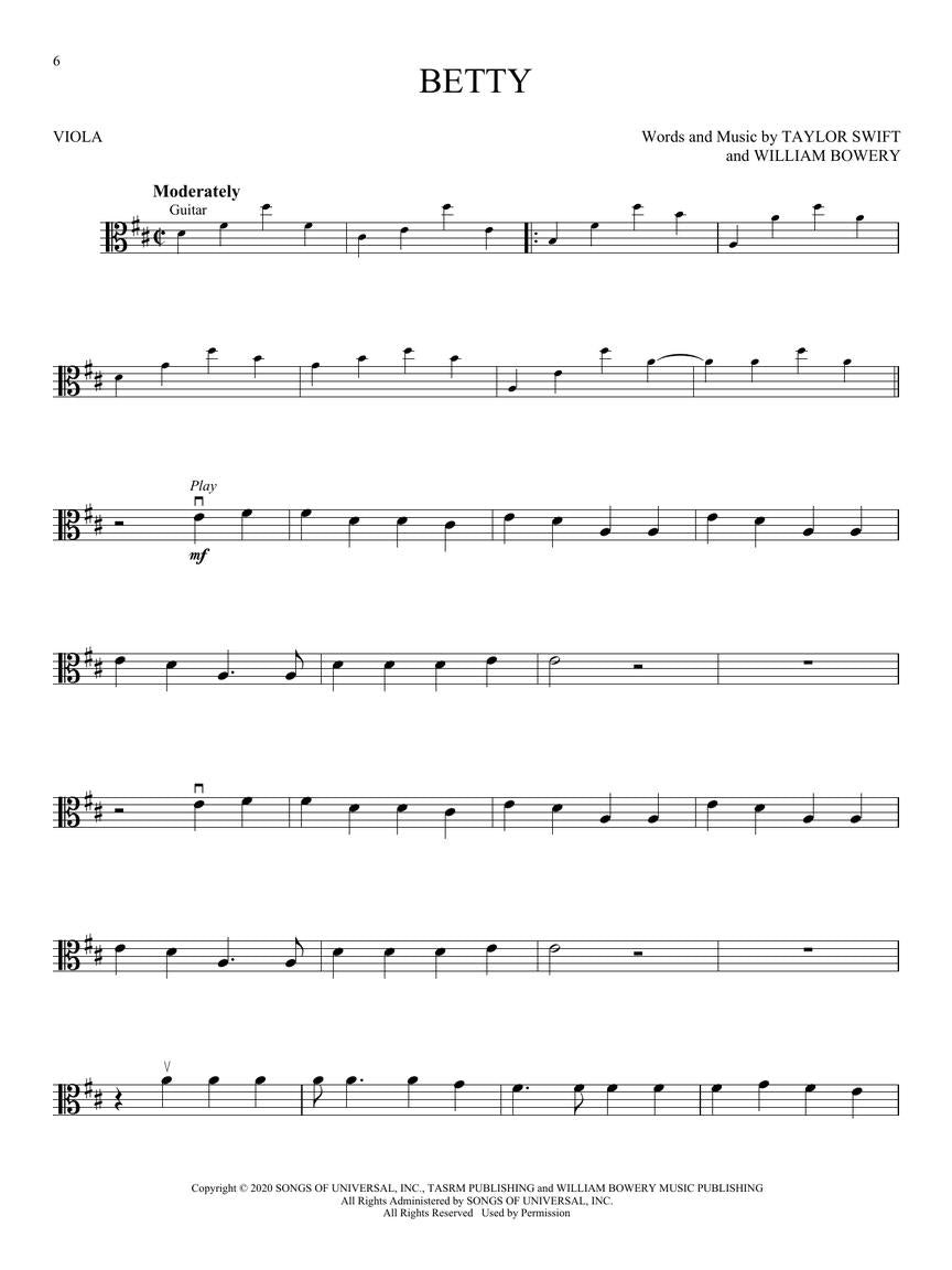 Taylor Swift - Folklore & Evermore Viola Play Along Book/Ola