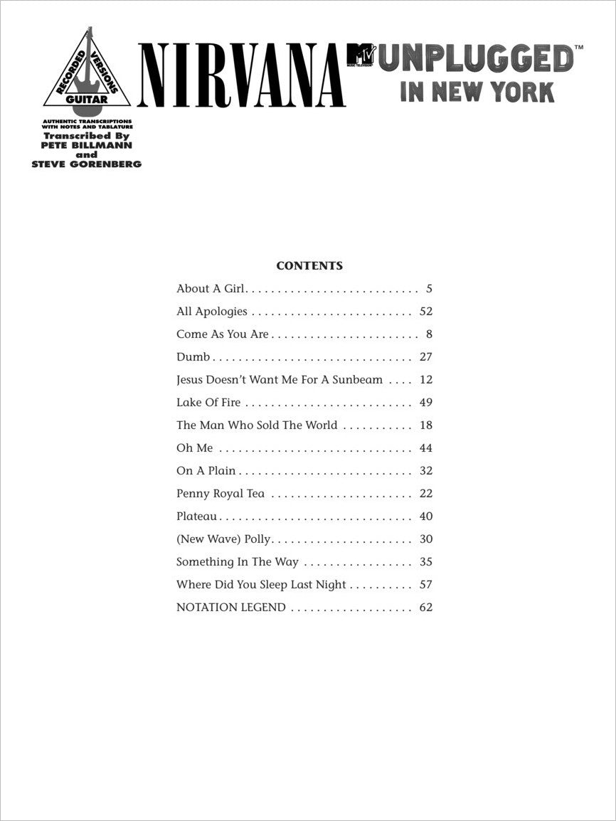 Nirvana Unplugged Guitar Tab Book: Learn Songs from MTV