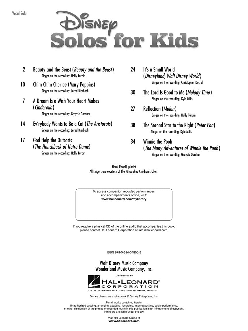 Disney Solos For Kids - Vocal With Piano Accompaniment Book/Ola