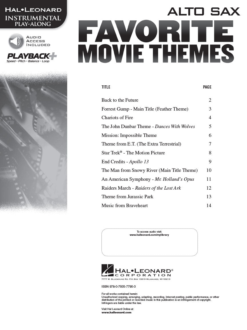 Favorite Movie Themes Alto Saxophone Play Along Book/Ola Woodwind