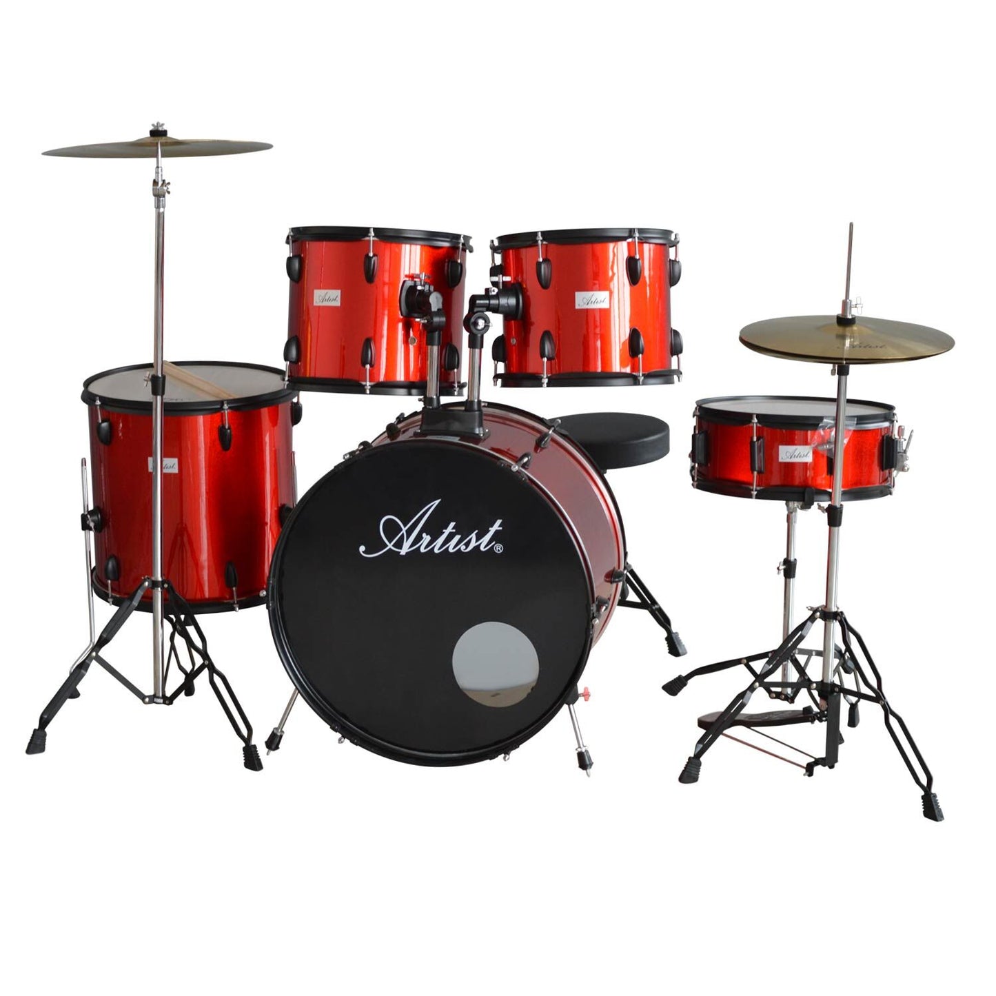 Beginner Standard 5 Piece Rock Drum Kit Set-up + Cymbals, Hardware and Stool